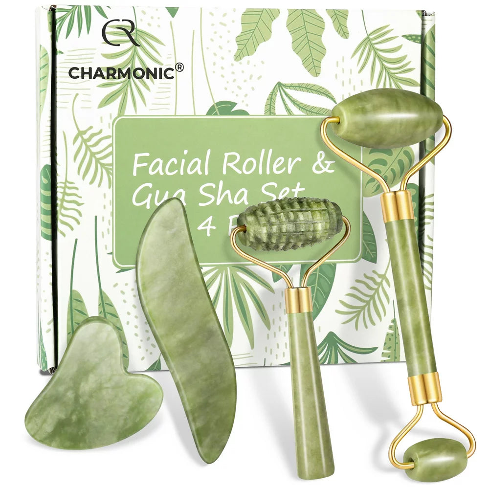 4Pcs/Set Jade Roller and Gua Sha Set Facial Massager Skincare Beauty Tools for Anti-Aging, Gentle Skin, Remove Wrinkles & Eye Puffiness